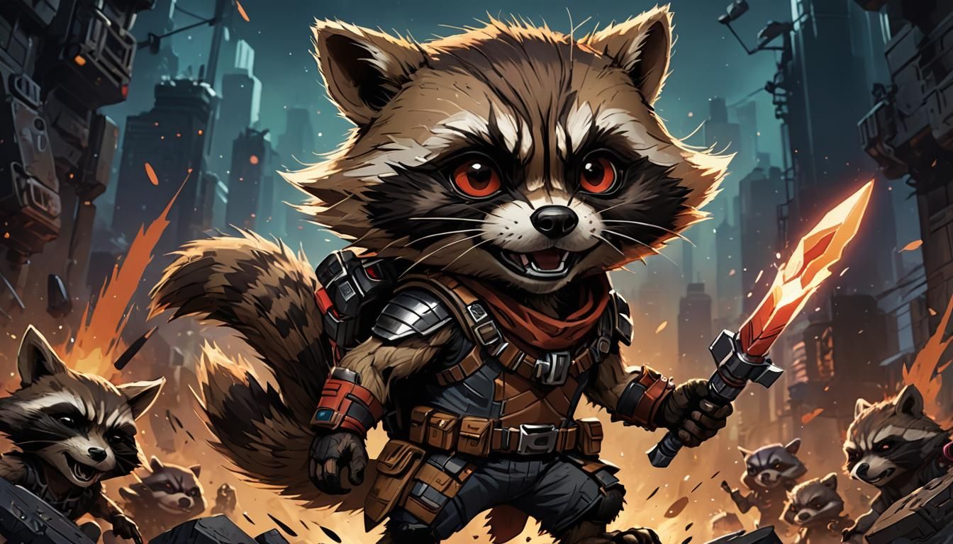 Chibi Rocket Raccoon with Tribal War Paint in Anime Style