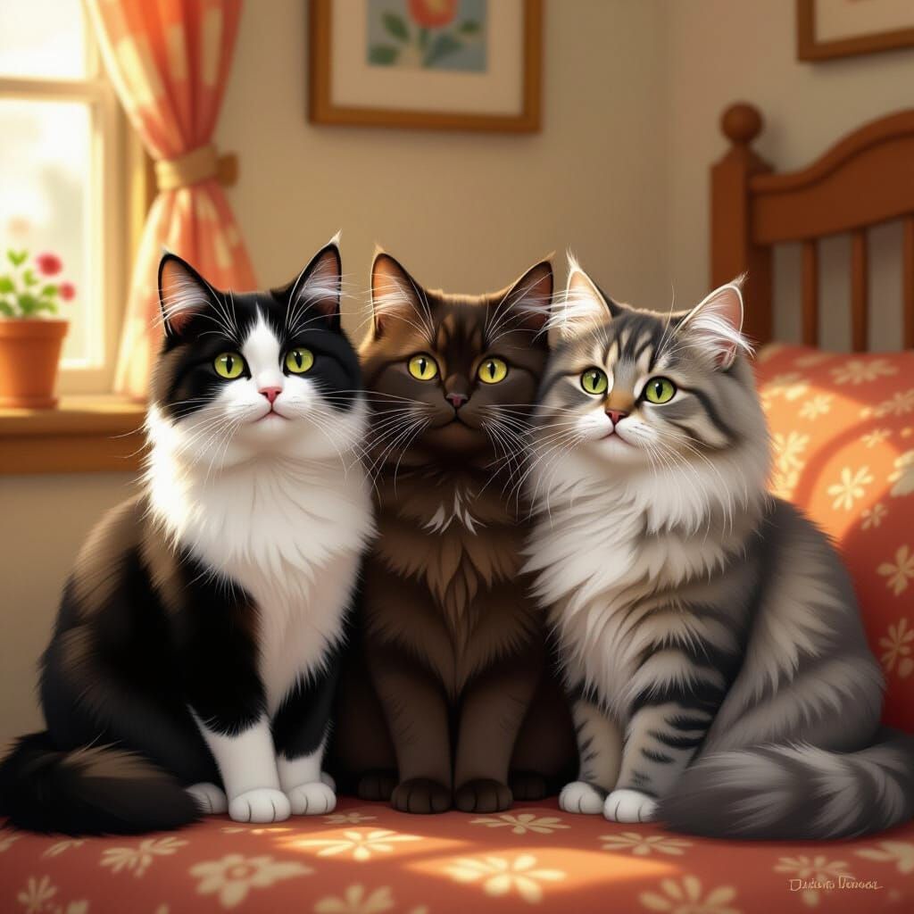 Three Cats in Whimsical Illustration Style