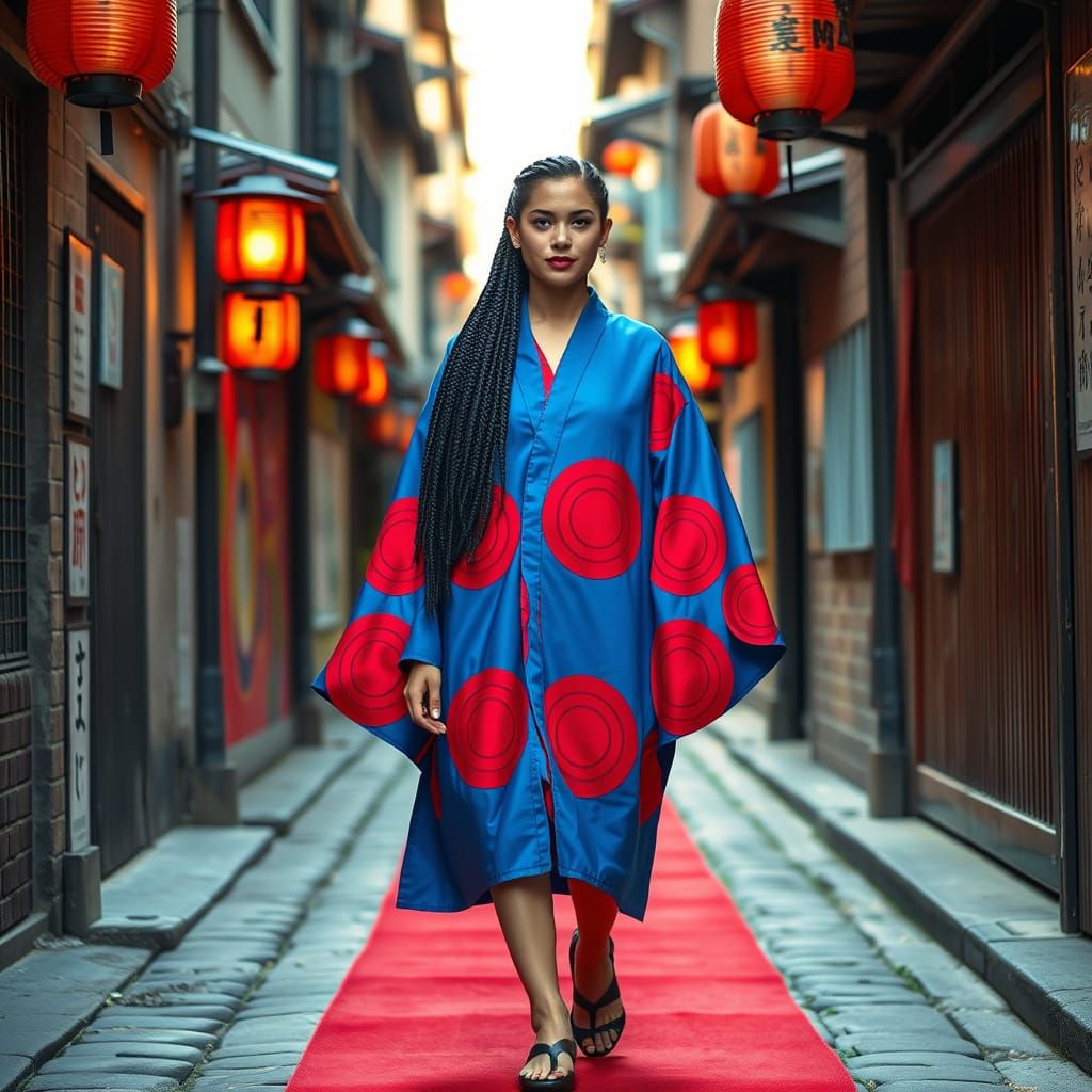 Woman in Japanese Cape Walks Alley, Murakami Style