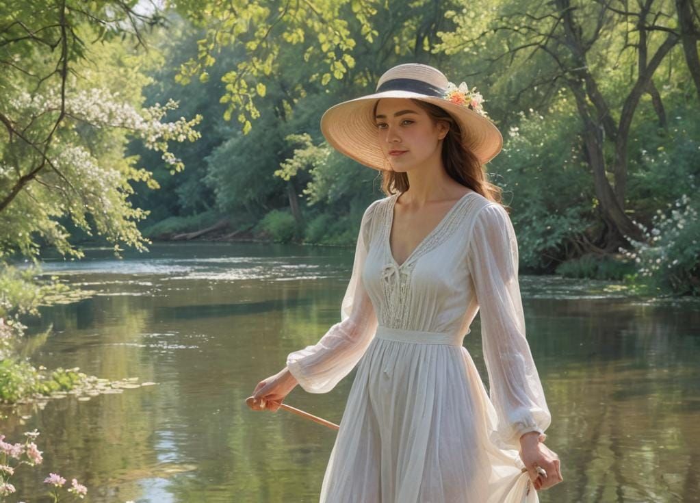 Young Woman Sailing on River Past Picturesque Towns