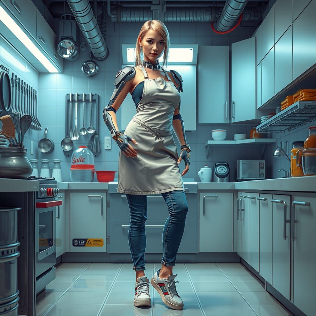 Cyborg Woman in Kitchen in Industrial Cyberpunk Style
