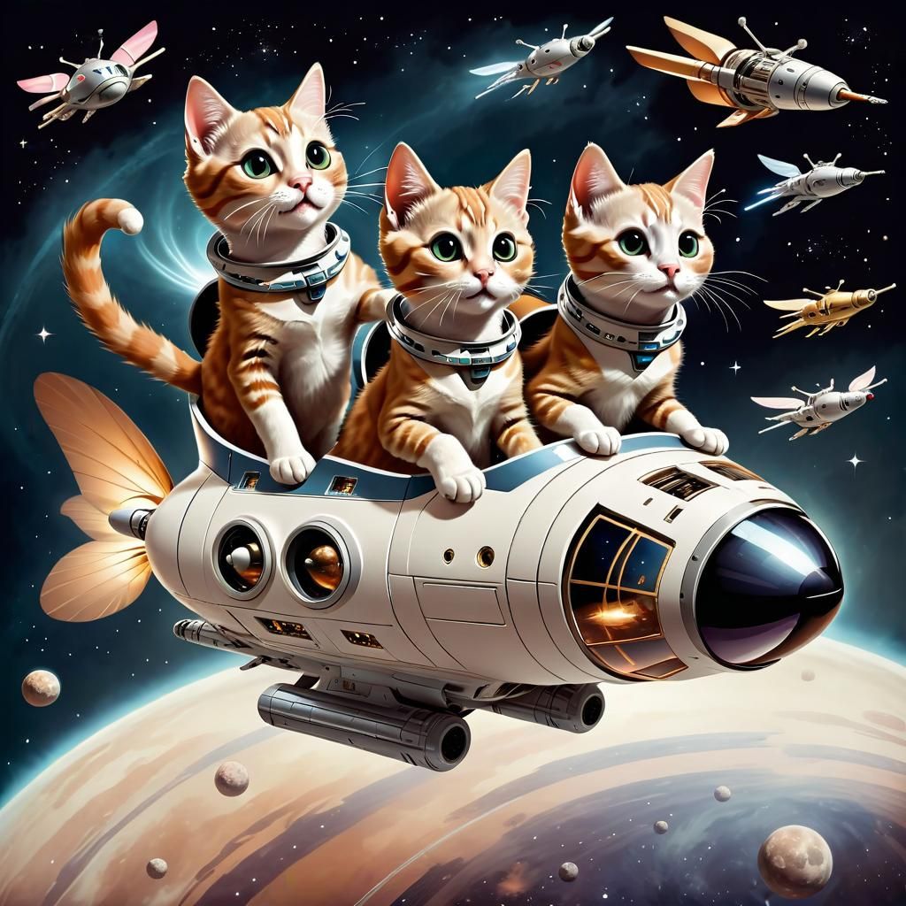 Anthropomorphic Cats Flying a Spaceship