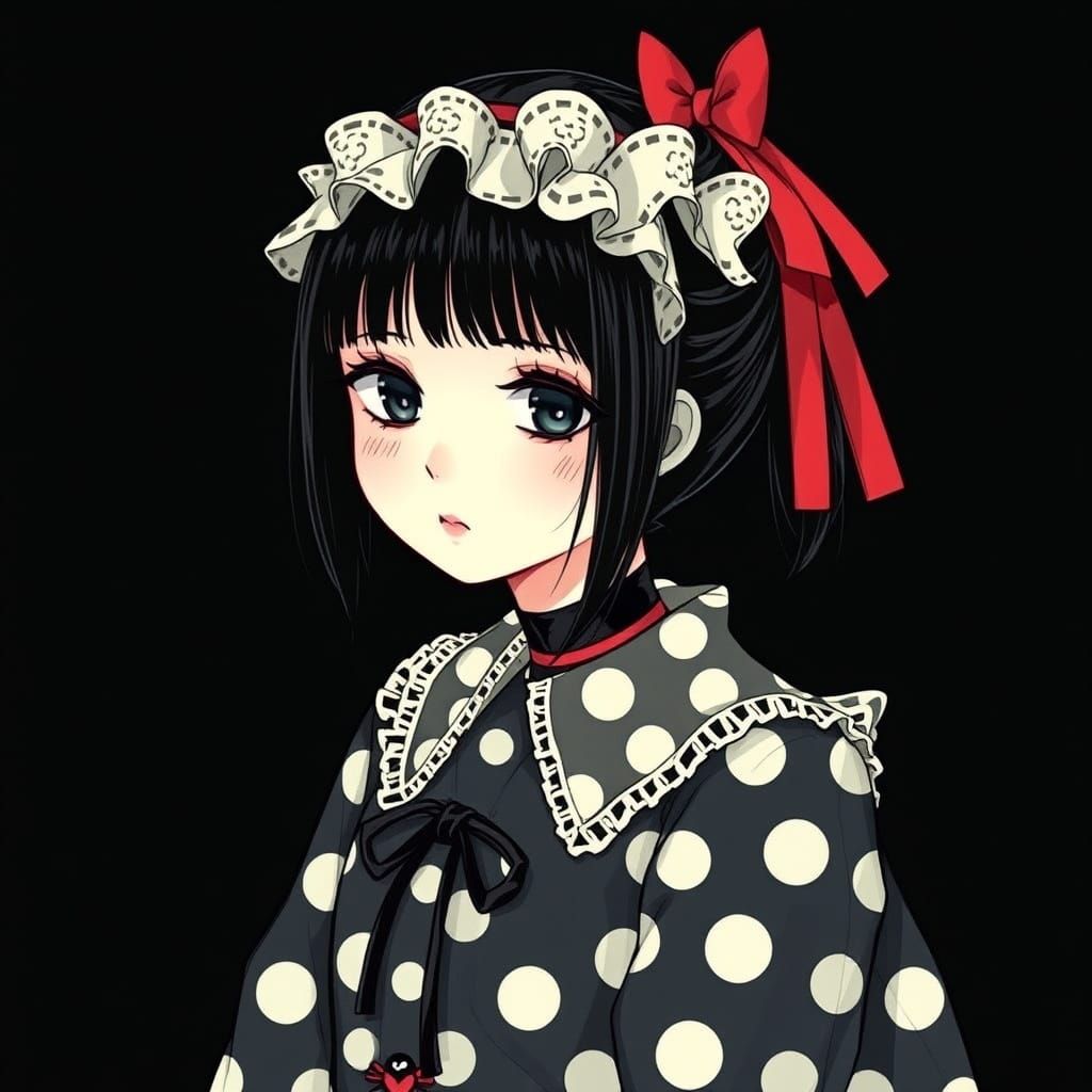 Japanese Gothic Girl in Polka Dots: Digital Art