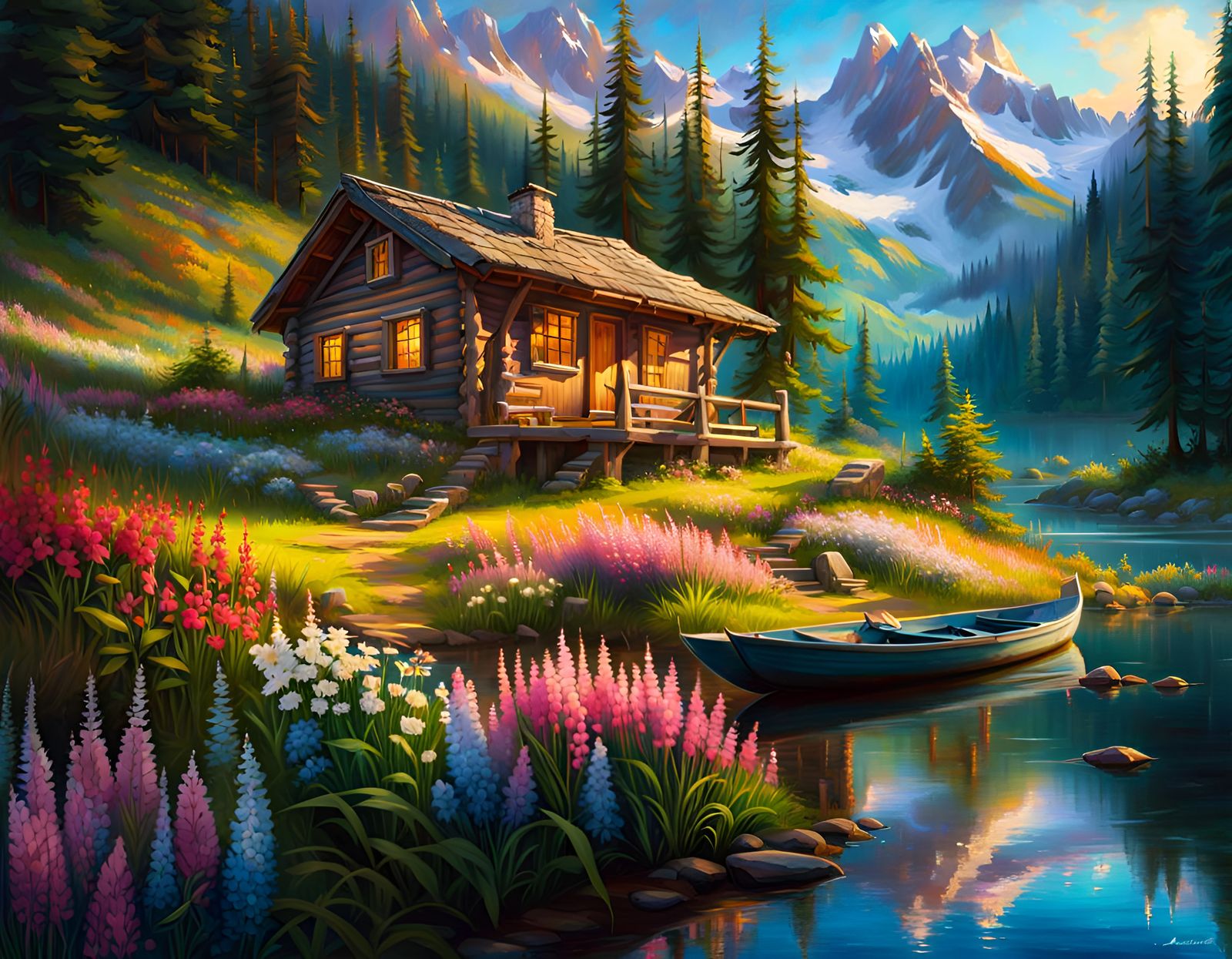 Cabin in Flower Meadow: Stylized Oil Color Art