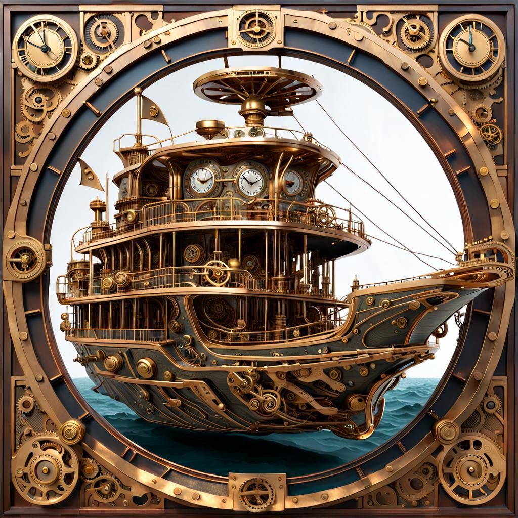 An ornate, steampunk-style mechanical passenger ship sails t...