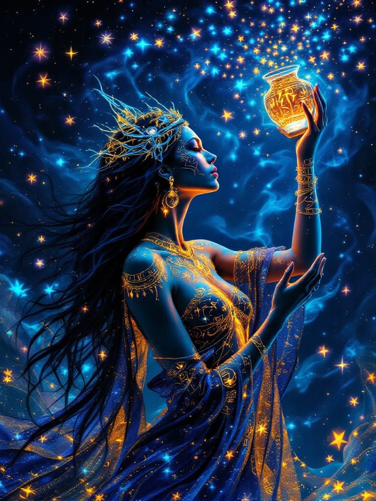 Ethereal Prismatic Goddess in Cobalt Night Sky