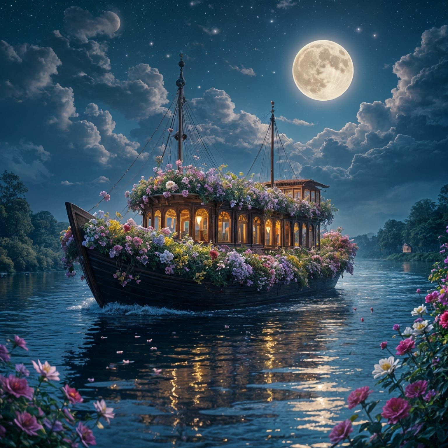 Flower Boat on Moonlit River at Night