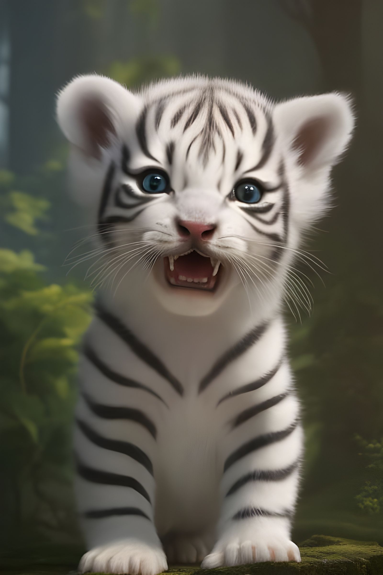 Adorable white tiger cub, brush stroked fur, realistic symmetrical eyes, accurate tiger teeth, canines, cute, adorable, ...