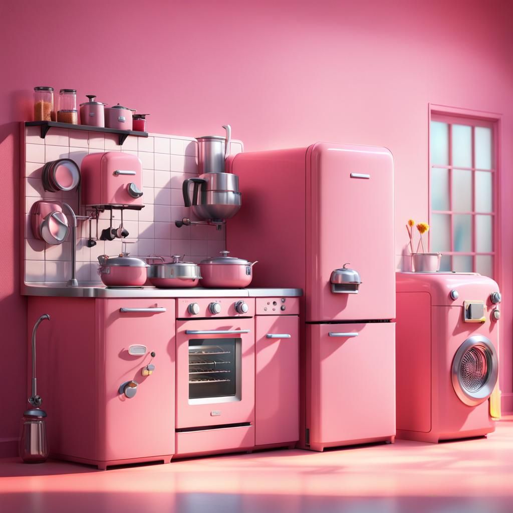 Cute Pink Appliances in Cartoon 3D Kitchen
