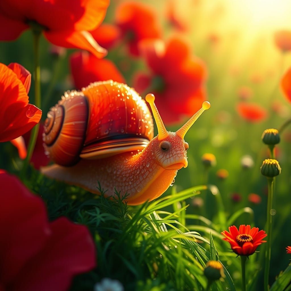 Hopeful Snail Conquers Vibrant Meadow Landscape