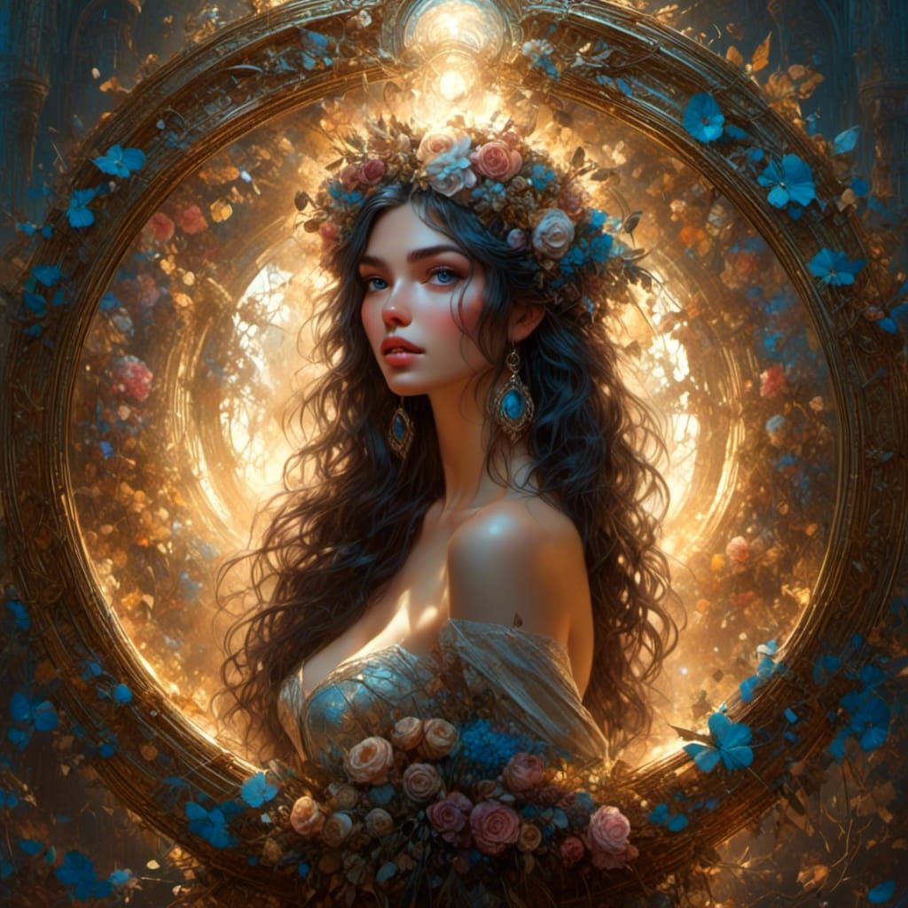 Woman Gazing into Illuminated Portal Mirror