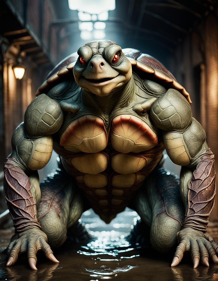 Muscular Mutant Turtle in Grimy Sewer, Gustave Doré Style