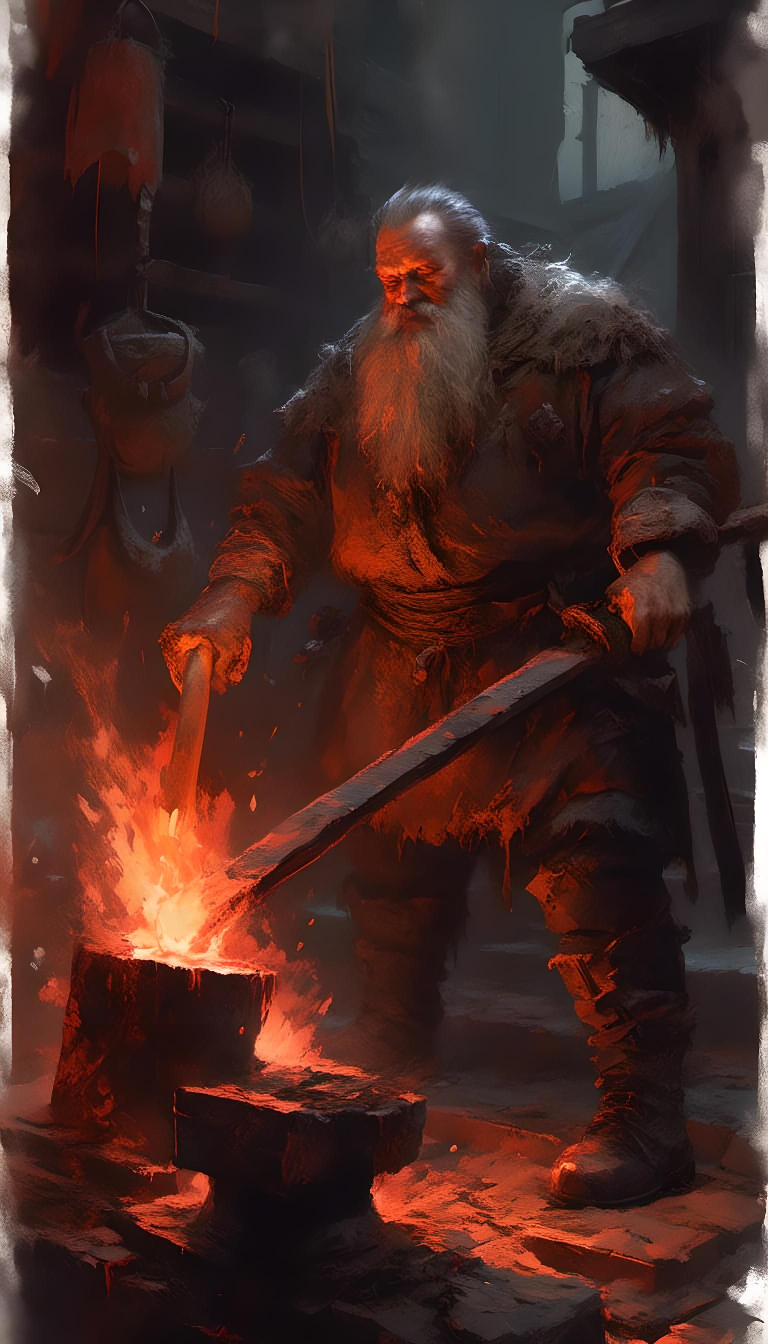 Dwarf Blacksmith Hammering Dagger: Dark Fantasy Art