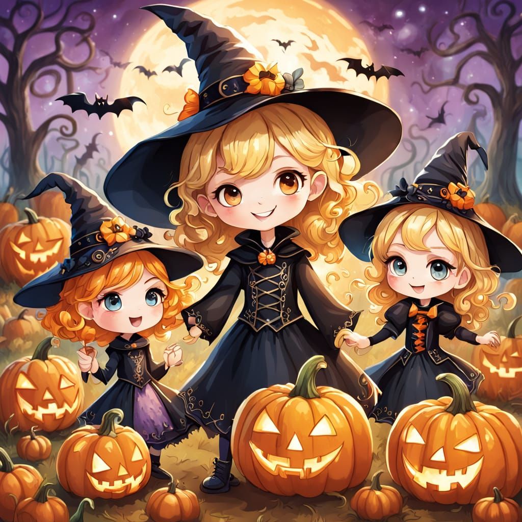 Cute Chibi Witches Celebrate Birthday in Pumpkin Patch
