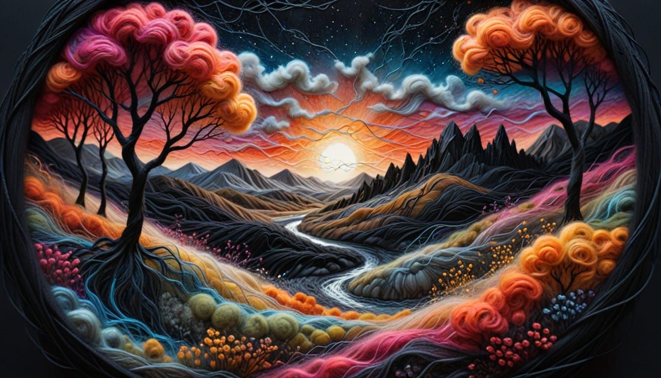 Felted Wool Art in Whimsical Satin Thread Webs