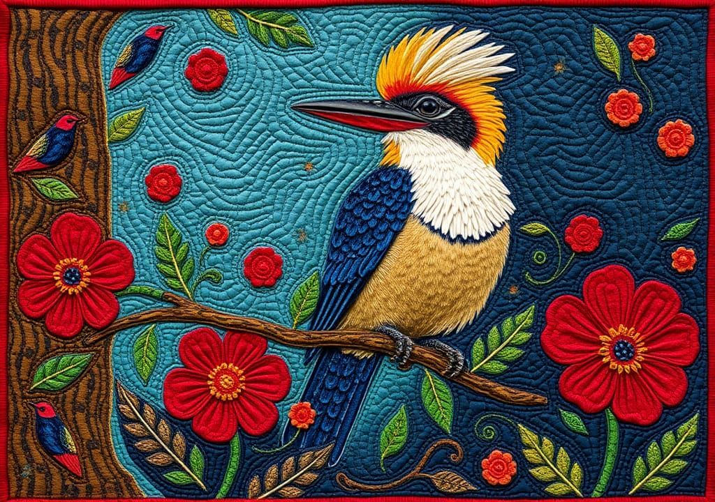 Kookaburra Textile Art in Story Quilt Style