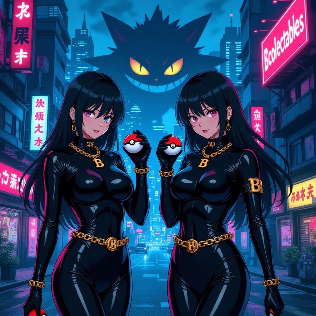 Cyberpunk Anime: Women with Pokeballs and Gengar
