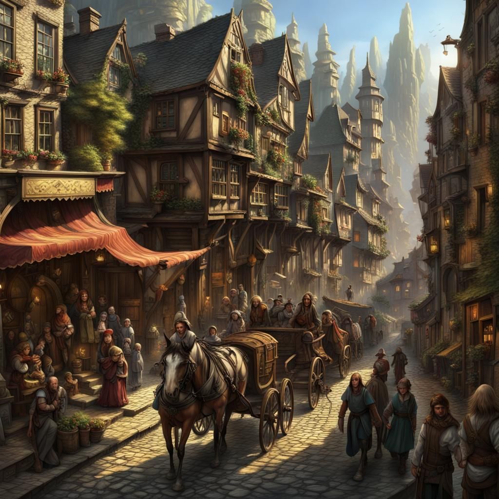 Bustling Fantasy City Street Scene in Matte Painting Style
