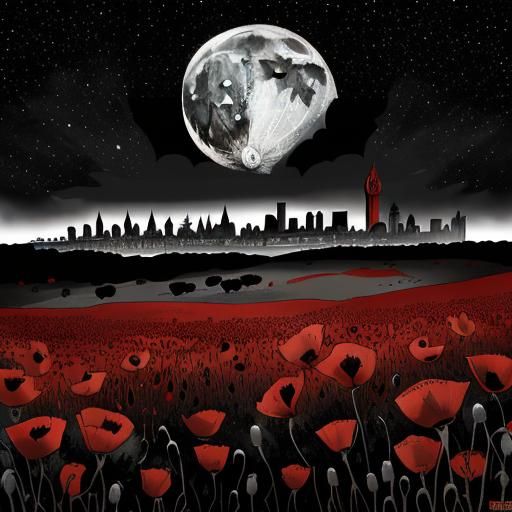 London Poppy Field in Black Ink Sketch with Moon
