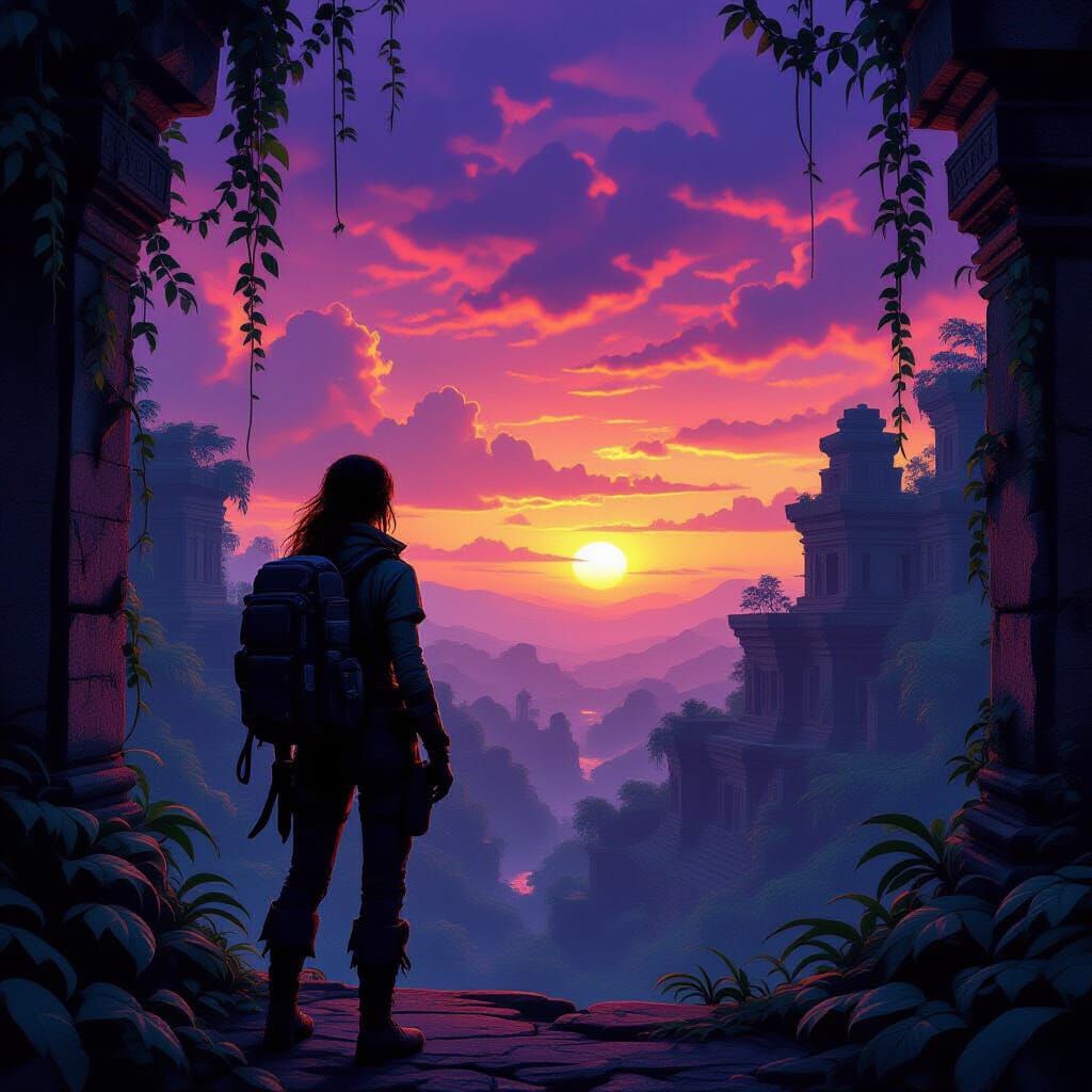 Female Explorer at Alien Jungle Ruin Sunset