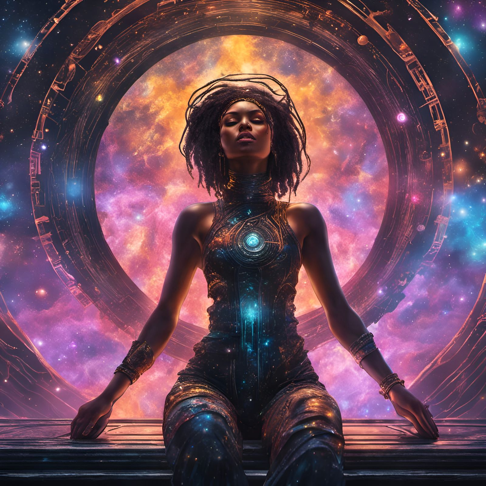 Cosmic Solarpunk Goddess in Mixed Media