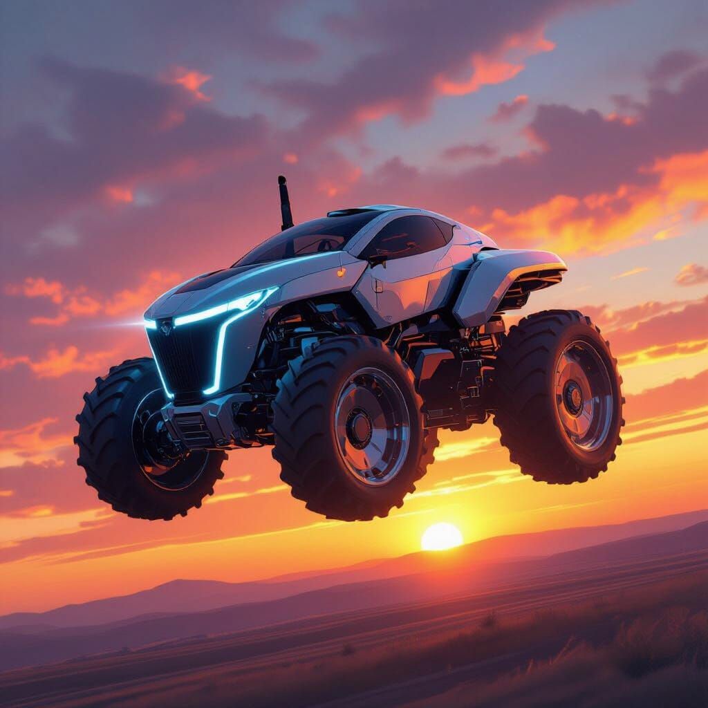 Futuristic Robot Tractor Flies Through Vibrant Sunset Sky