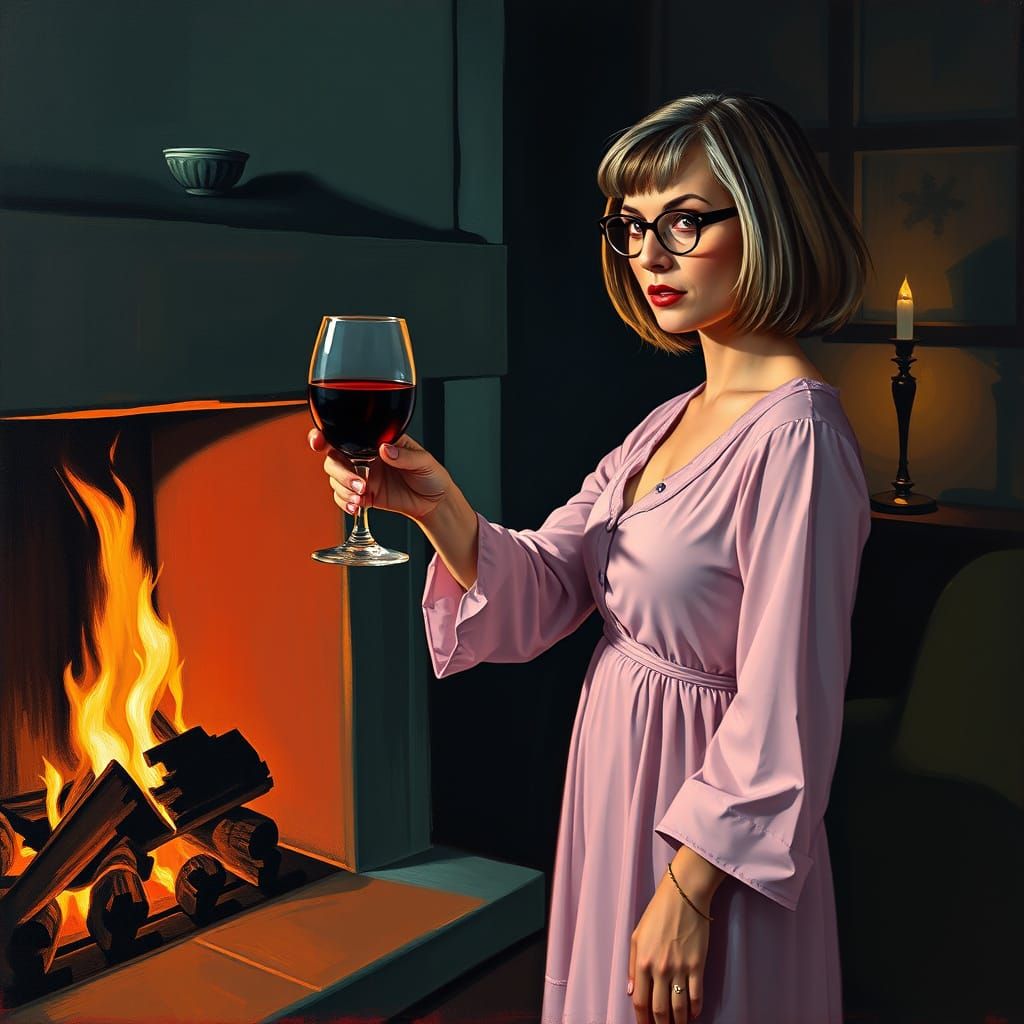 Intoxicated Woman Toasting in Expressionist Style