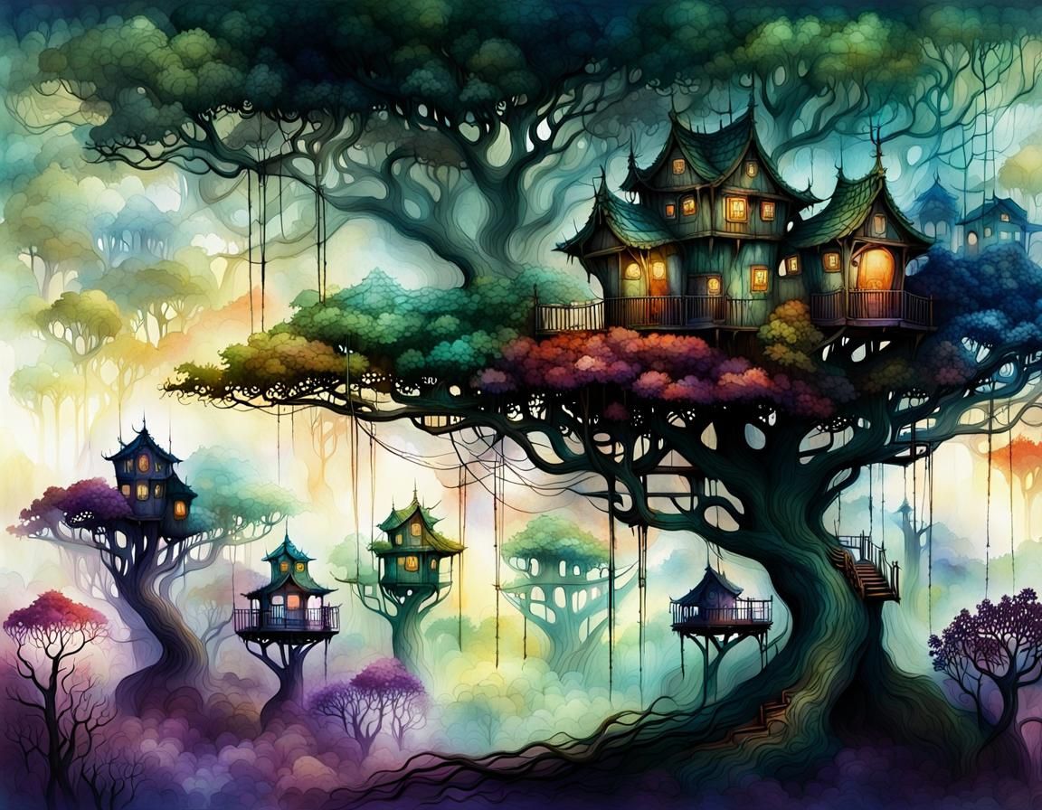Misty Fantasy Treehouses in Watercolor Landscape