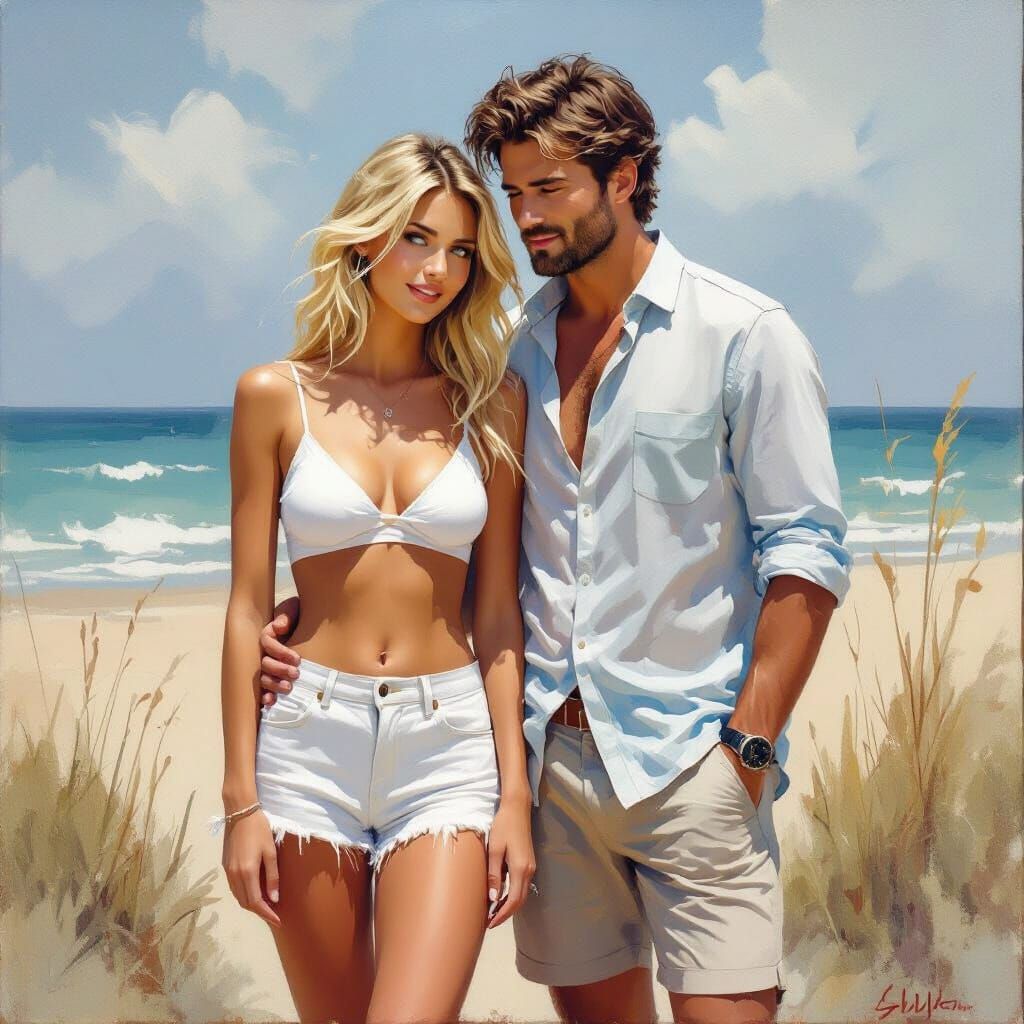 Loving Couple in Summer Clothes as Oil Painting