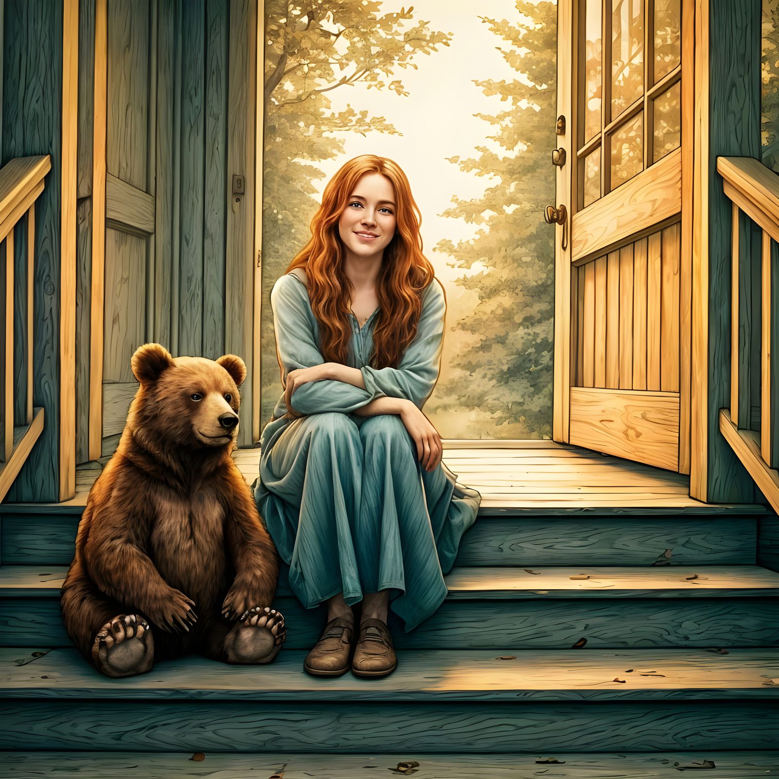 Young teen-age girl sitting with a bear cub