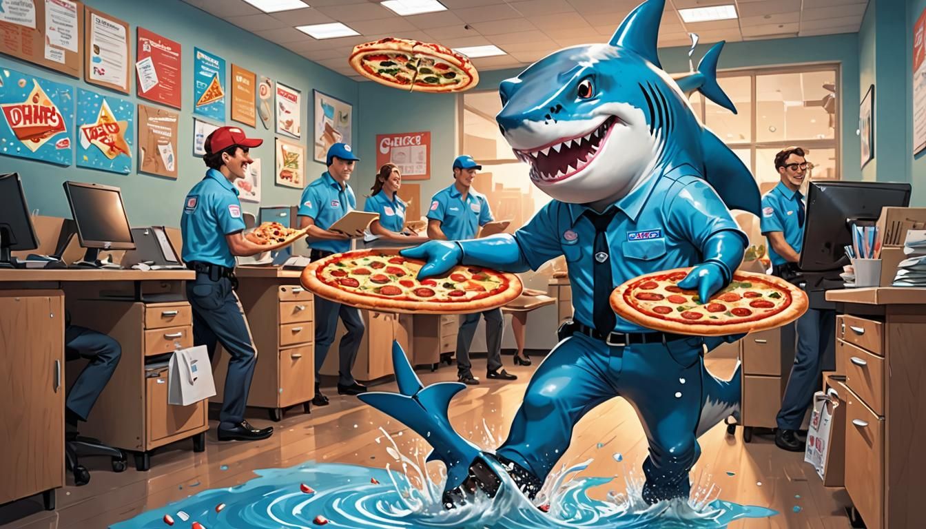 Landshark Pizza Delivery Shark carrying two x-large pizza bo...