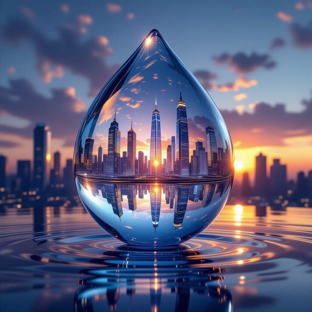 Futuristic City Reflected in Water Droplet