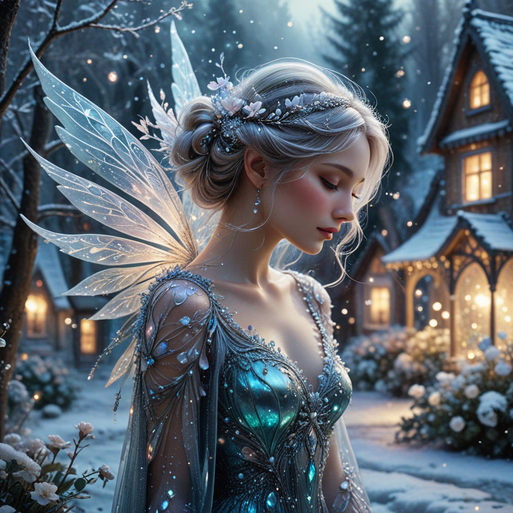 Whimsical Winter Fairy in Enchanted Snowy Scene
