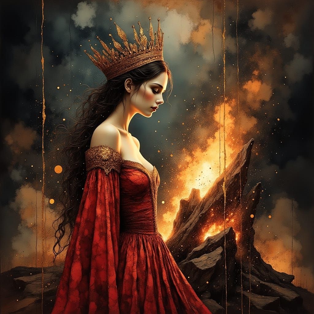 Majestic Queen Stands Before Blazing Pyre in Dramatic Chiaro...