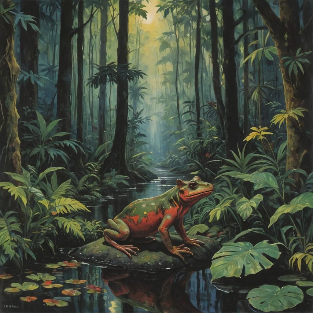 Moosefrog in Rainforest: Expressionist Baroque Scene