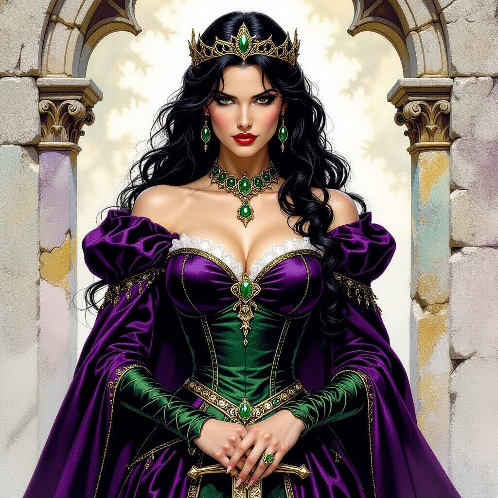 Cruel Queen in Purple Velvet with Green Brocade Collar