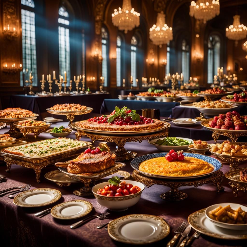 Ornate Buffet in Luxurious Dining Hall: Cinematic Photograph...