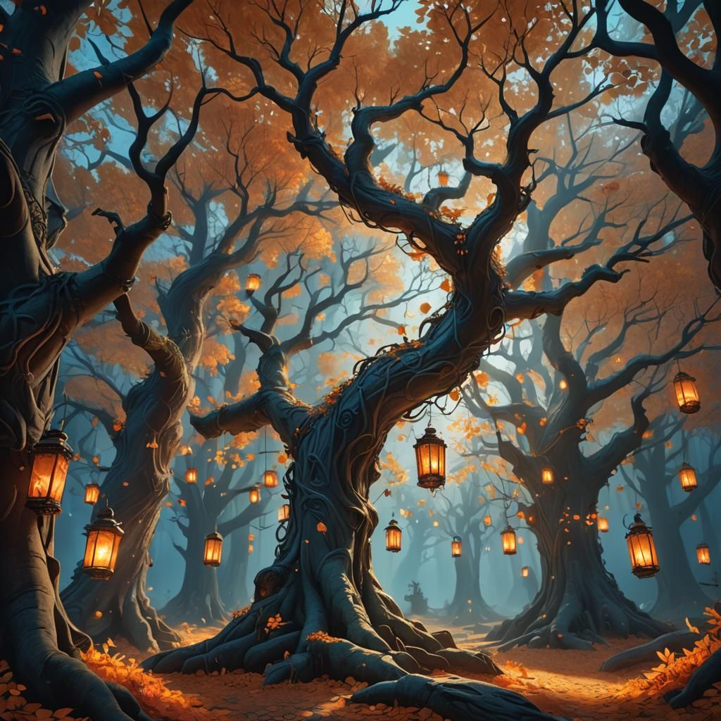 Mystical Forest: Autumn Leaves Dance in Lantern Light