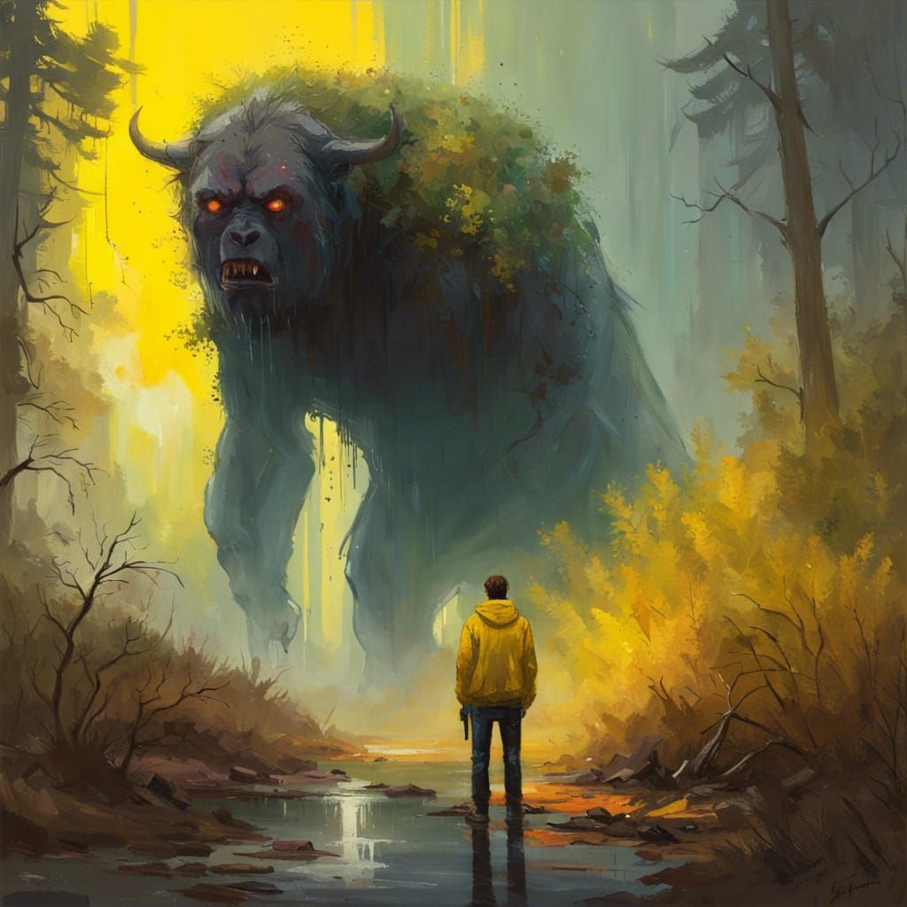 Luminous Man and Looming Beast, Digital Oil Painting