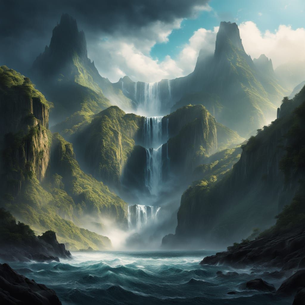 Colossal Floating Mountain with Waterfalls in Dramatic Fanta...