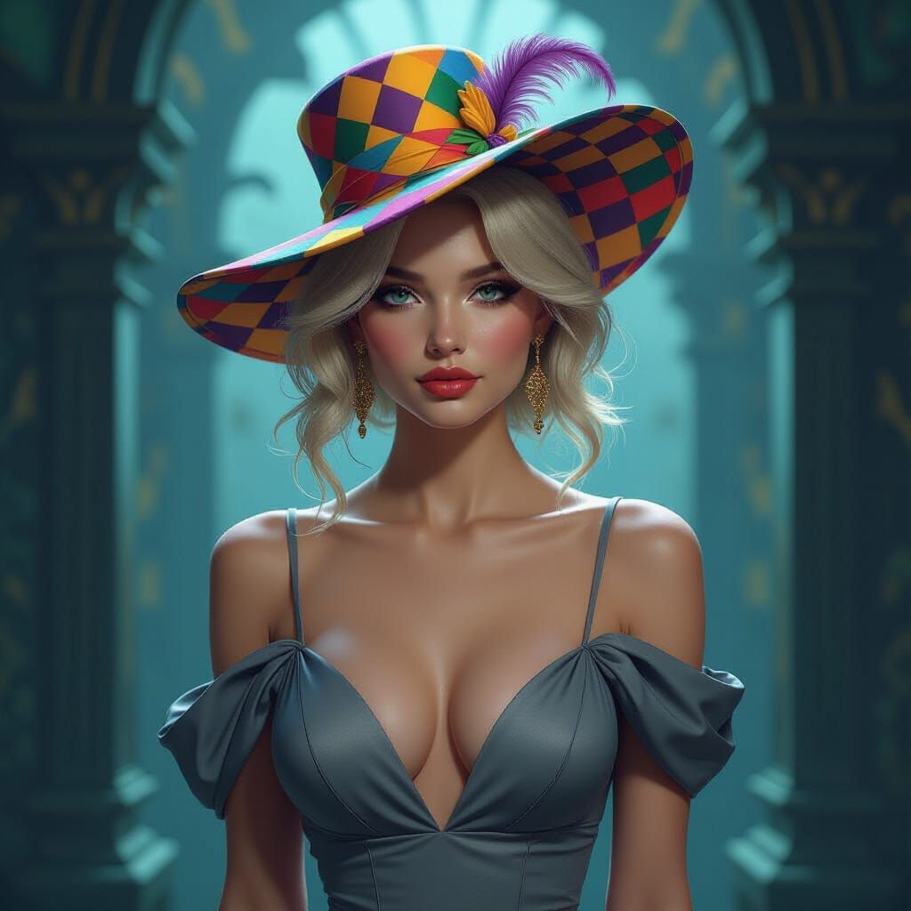 Melancholic Woman with Harlequin Hat, Fantasy Art