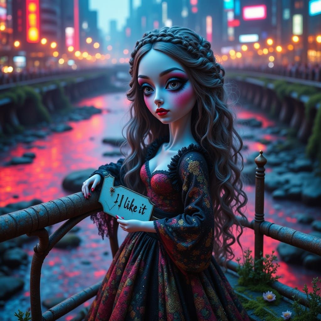 Goth Doll on Ancient Bridge Over Emotional River