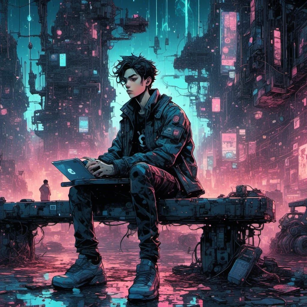 Cyborg in Dystopian Cyberpunk Cityscape