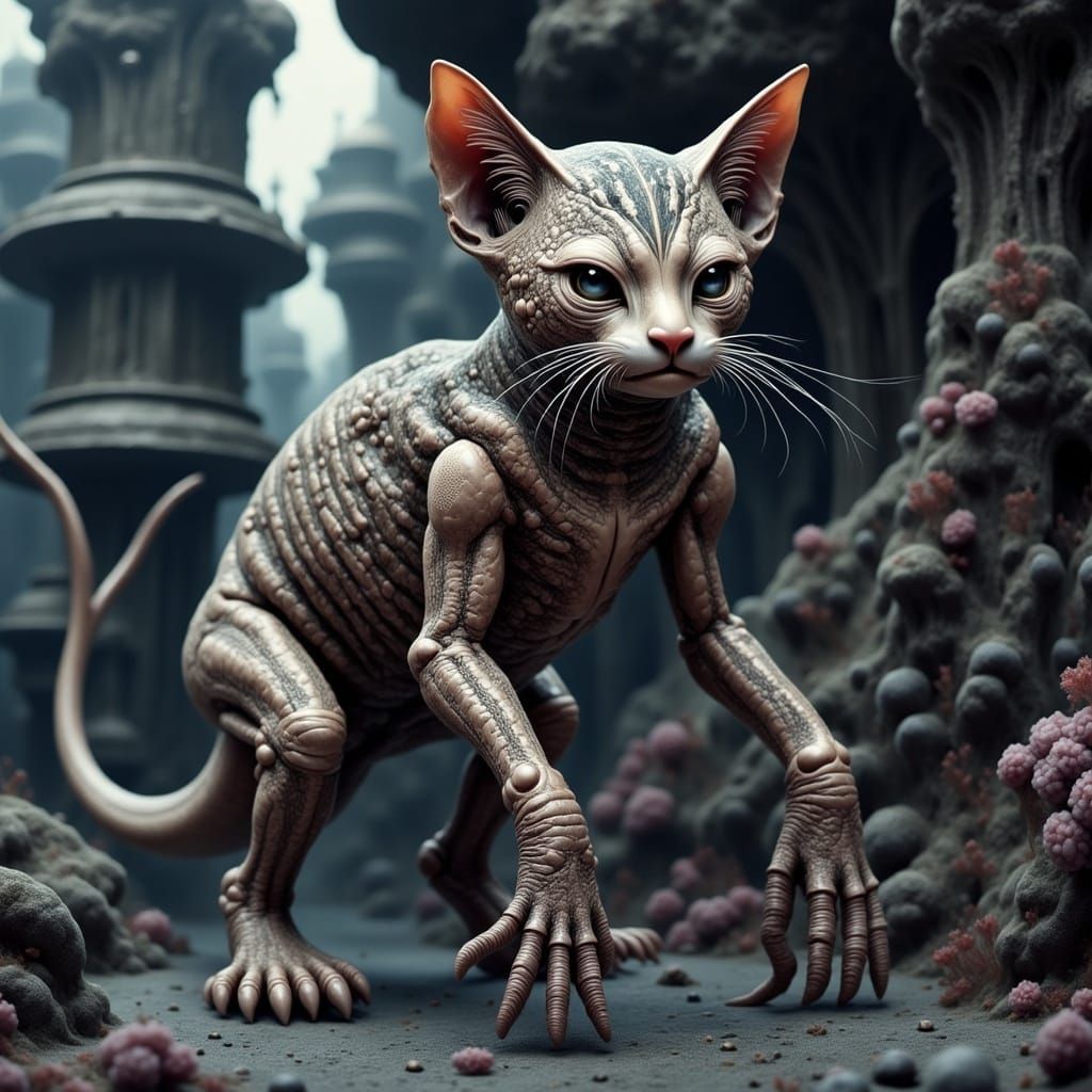 Biomechanical Kitten-Kraken in H.R. Giger Style