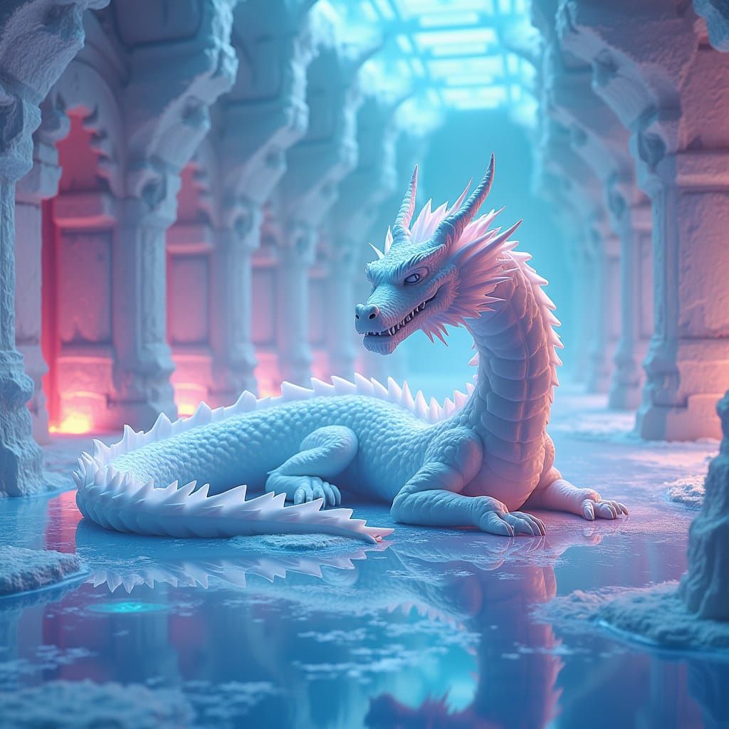 Icy Dragon in Opulent Palace, Surrealist Style