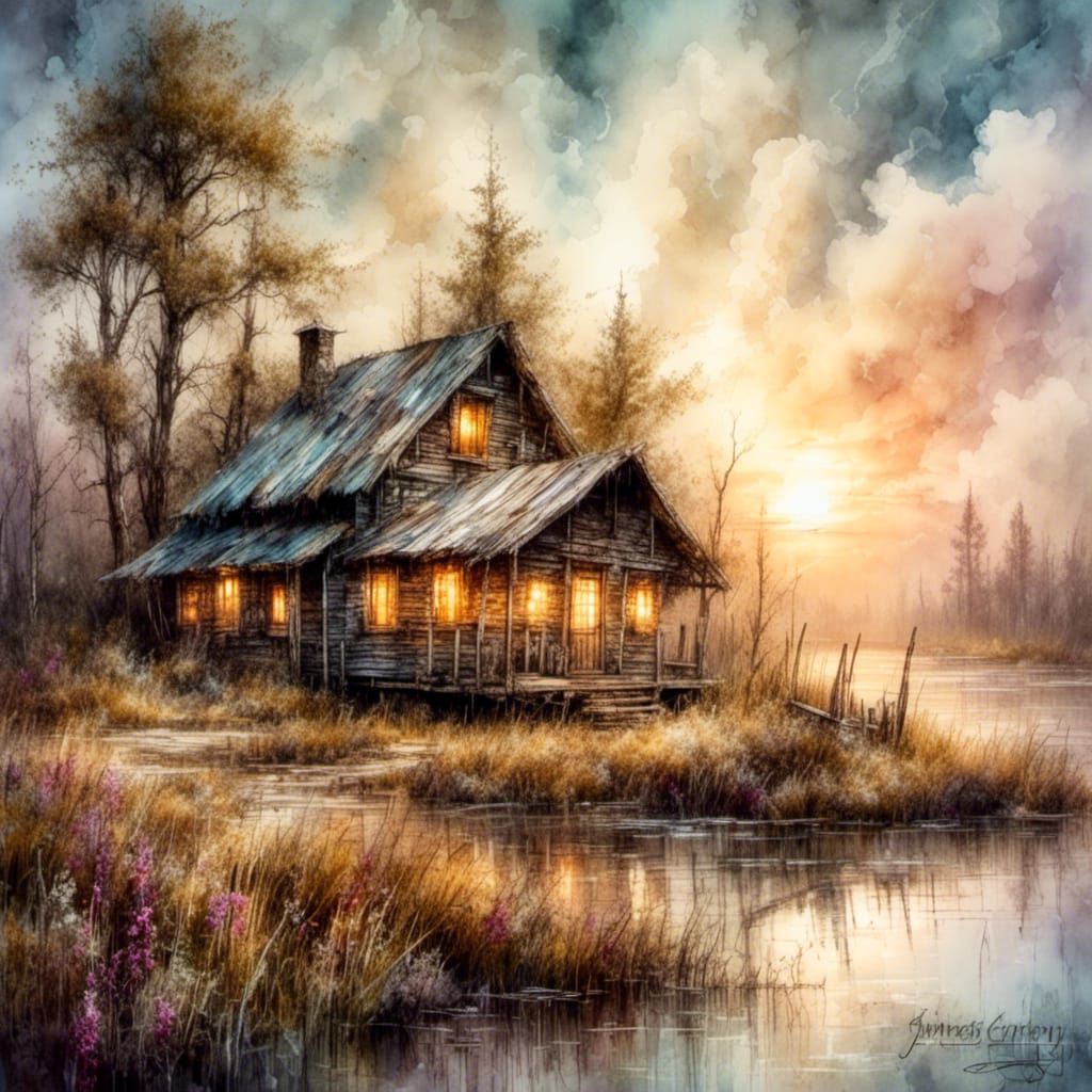 Cabin in Marsh on Bright Spring Day