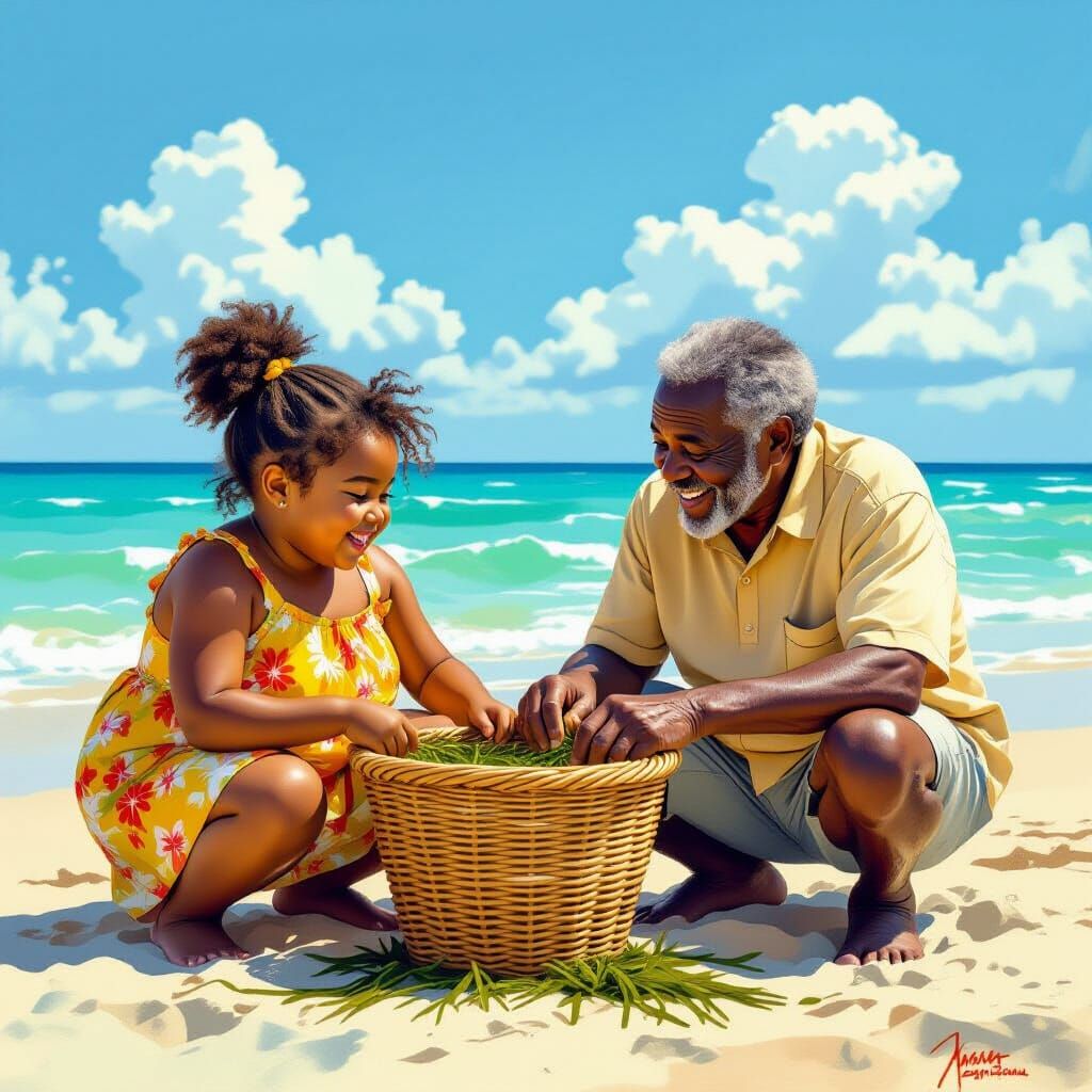 Girl Helps Elder Make Basket by Ocean