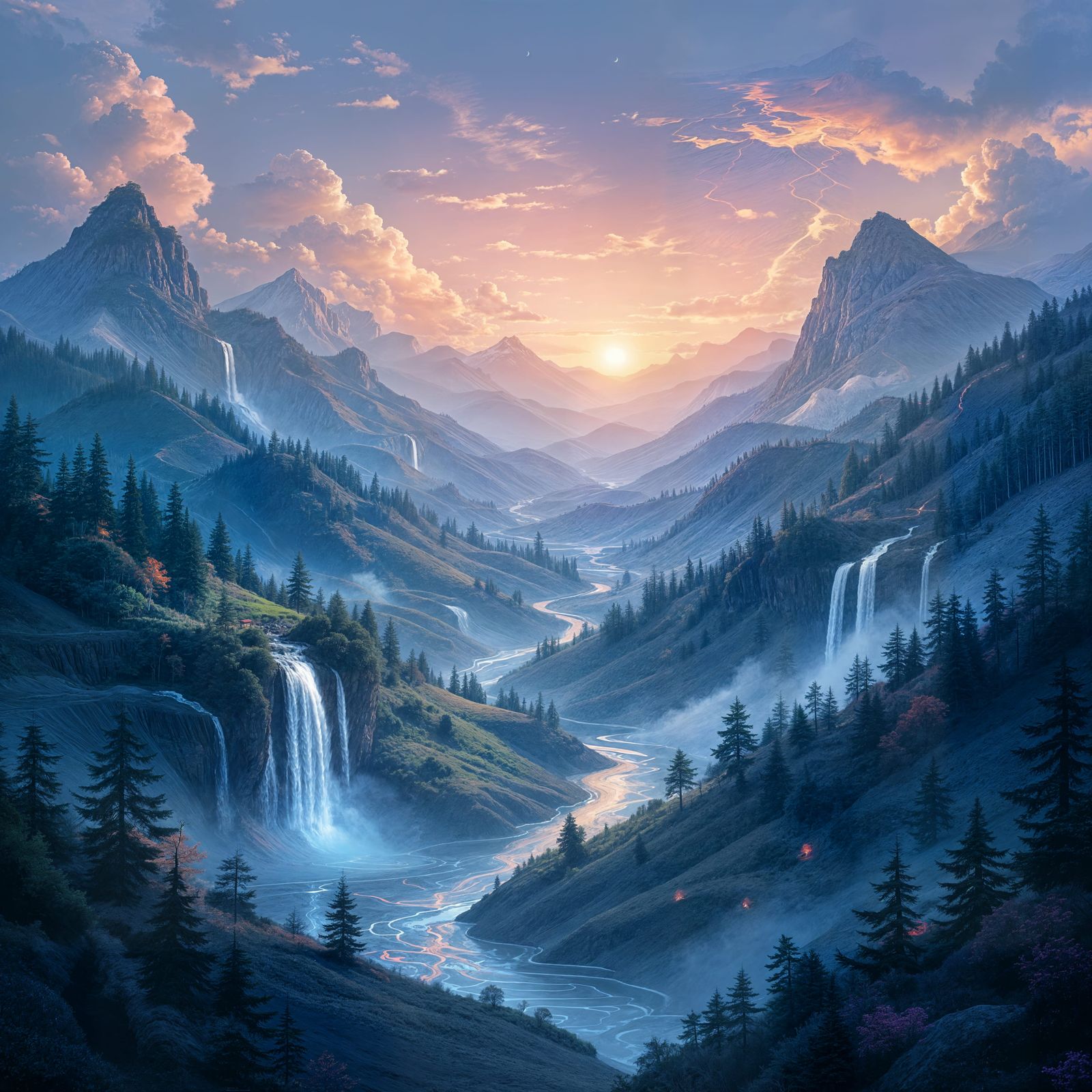 Surreal Red River Landscape on Black Soil