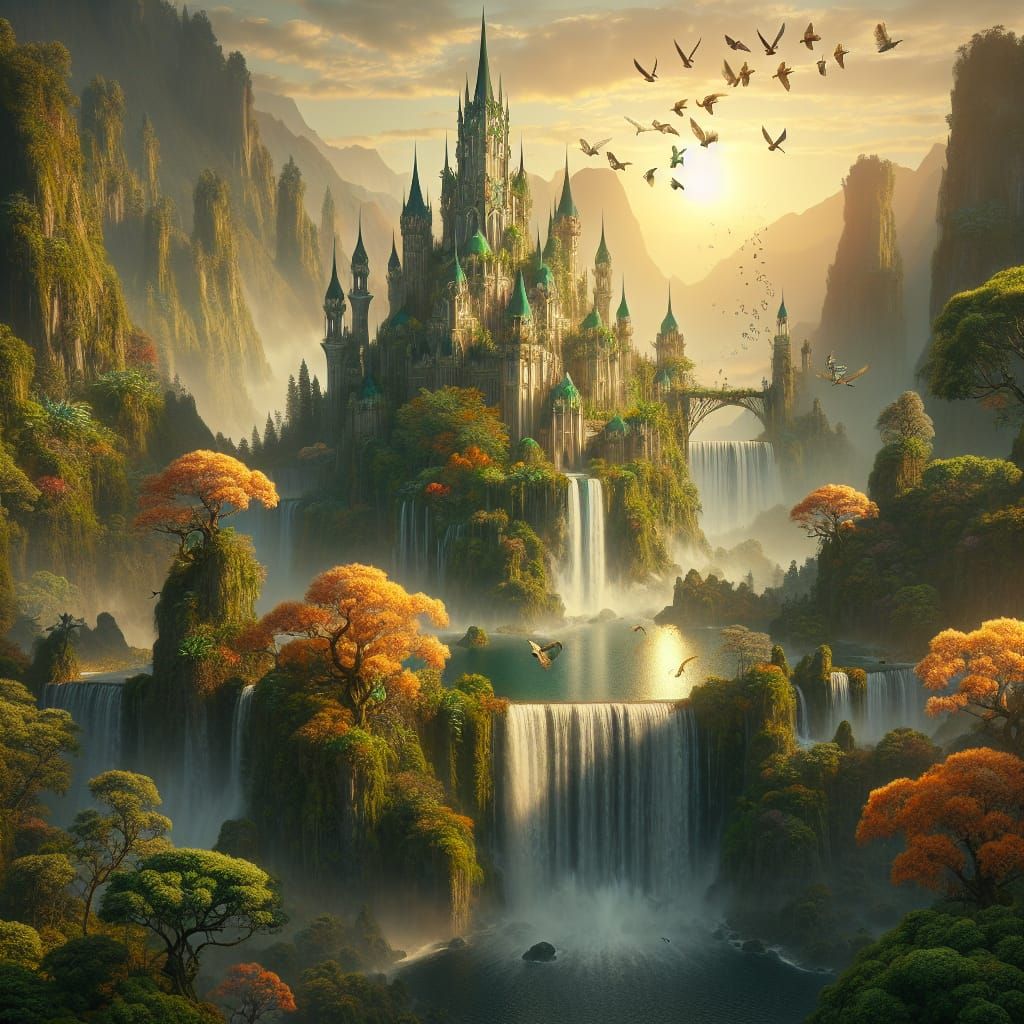 Fantasy Castle Overlooking Waterfall in Autumn Landscape