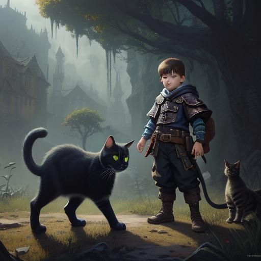 Child Petting Cat: Detailed Fantasy Concept Art